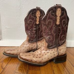 Moreria Men’s Western Snip Toe Full Quill Ostrich Brown Tan Western Cowboy B…